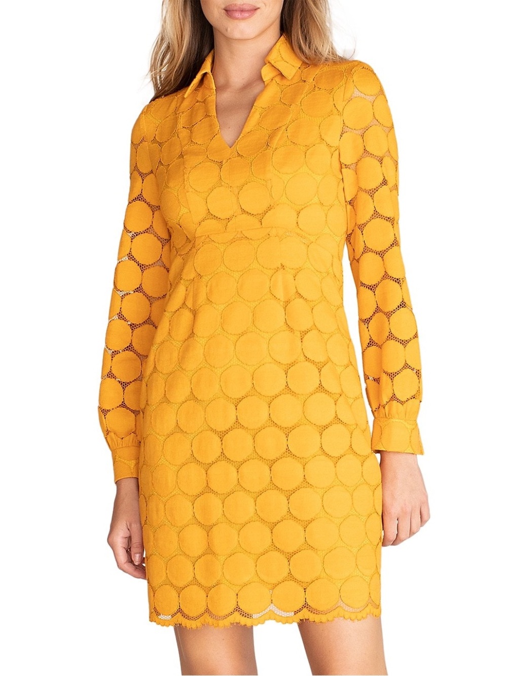 Trina Turk Mustard Overlook Lace Pull -Over Yellow Long-Sleeve V-Neck Dress